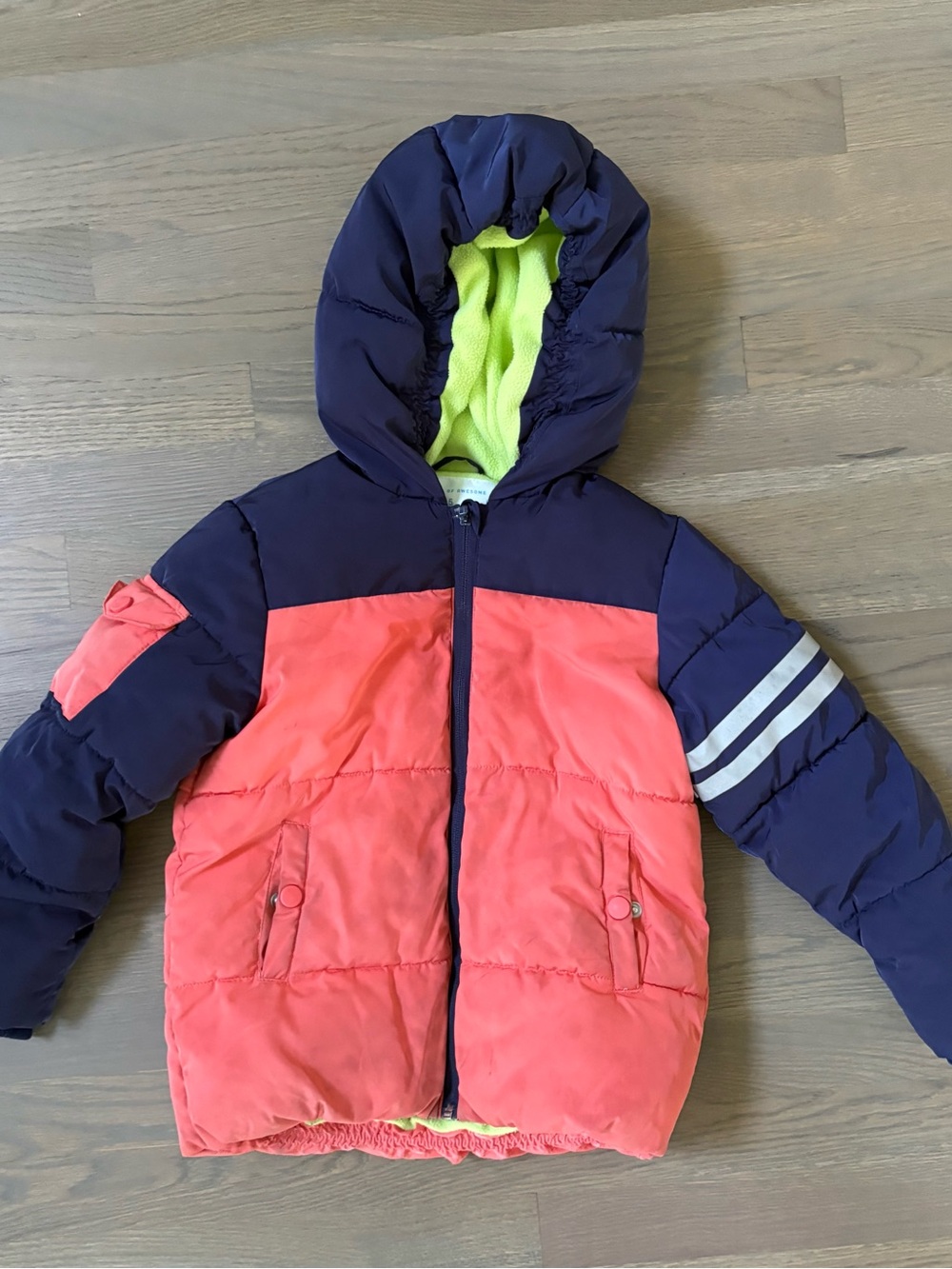 Kids Colorblock Puffer Jacket in Navy and Neon Coral